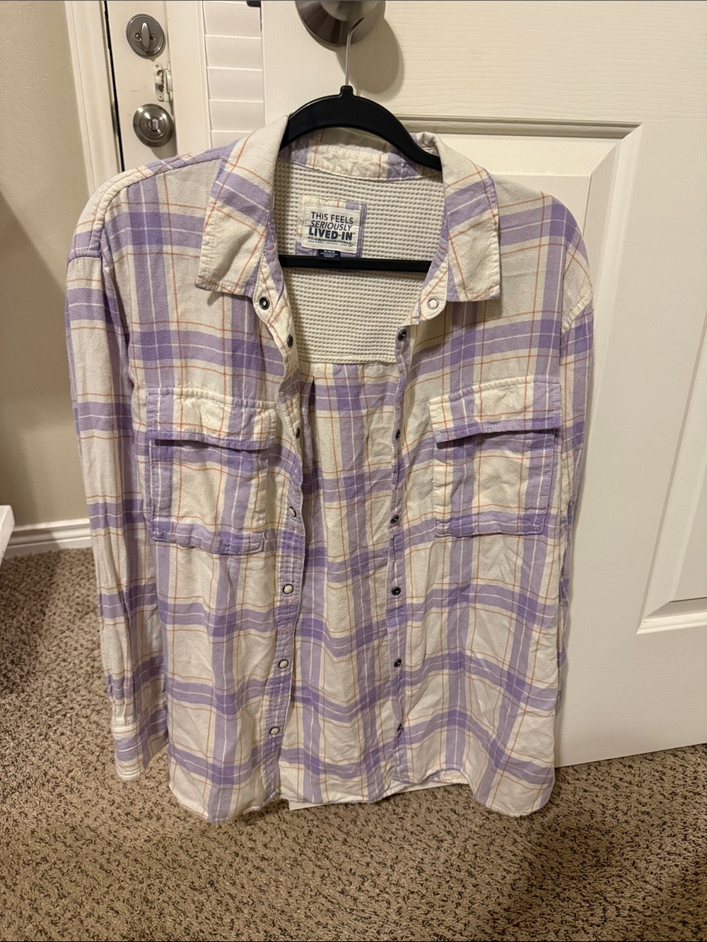 American Eagle Outfitters Lavender and Cream Plaid Button-Up Shirt